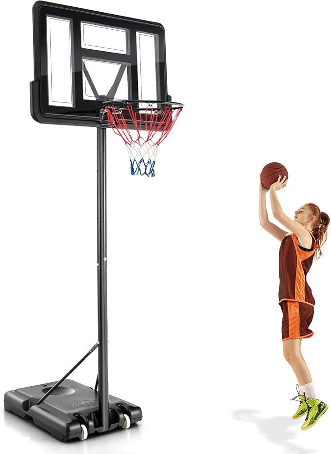 Goplus Portable Basketball Hoop, 10FT Height Adjustable Basketball Goal w/44‘’ Shatterproof Backboard, Outdoor Basketball Stand for Adults Backyard Driveway