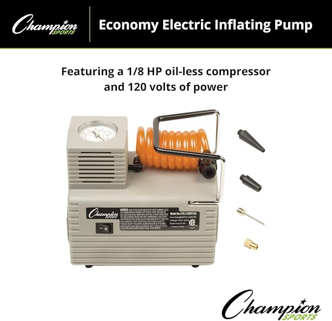 Champion Sports Electric Ball Inflator with Needle - Quiet Air Compressor for Basketball, Soccer, Volleyball & Sports Balls, High PSI Rating, Fast Inflation, 110-120V AC Power for Gym & School Use