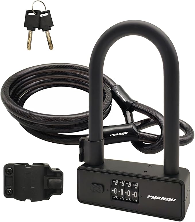 Bike U Lock, Heavy Duty Anti Theft U Lock with 6ft Steel Cable, 4-Digit Combination Type Bicycle U Lock with Mounting Bracket for Bike, Motorcycle, Scooter, Door, Fence