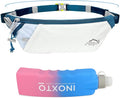 INOXTO Slim Running Belt Fanny Pack for Women and Men Sports Waist Bag Pack with 300ml Water Bottle for Running Walking Cycling Hiking Reflective Running Pouch Belt for All Phones (White Blue)