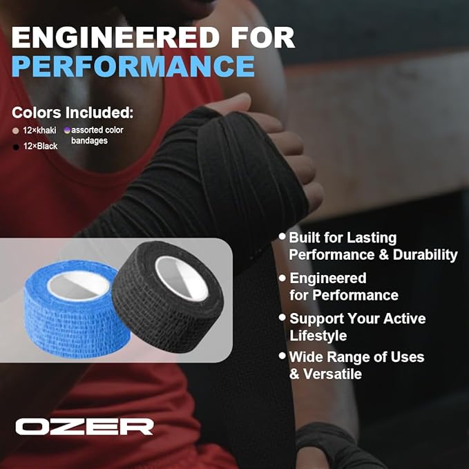 OZER 12 Pack 1 Inch x 5 Yards Self Adhesive Bandage Breathable Cohesive Bandage Wrap Rolls Elastic Self-Adherent Tape for Stretch Athletic, Sports, Wrist, Ankle (1 lnch Black, 1lnch)