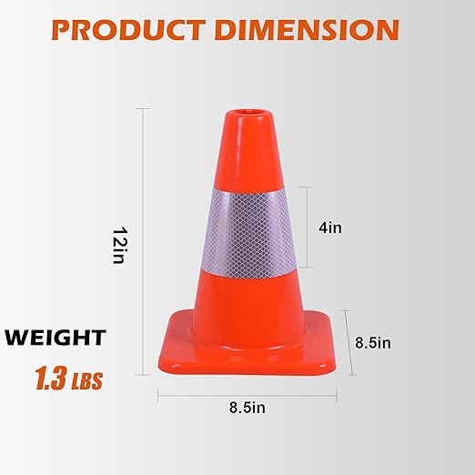 8 Pack 12" Traffic Cones with 4” Reflective Collars – Durable PVC Safety Cones for Parking, Construction, Sports & Training – High Visibility, Weather-Resistant