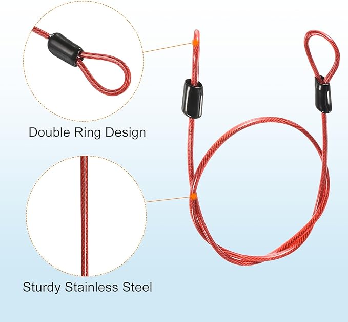 MECCANIXITY Security Steel Cable Lock, Safety Cable Flexible Wire Rope Luggage Lock 1.6feet 2.5mm Vinyl Coated Braided Steel with Double Loop for Bike Bicycle U-Lock Padlock Red