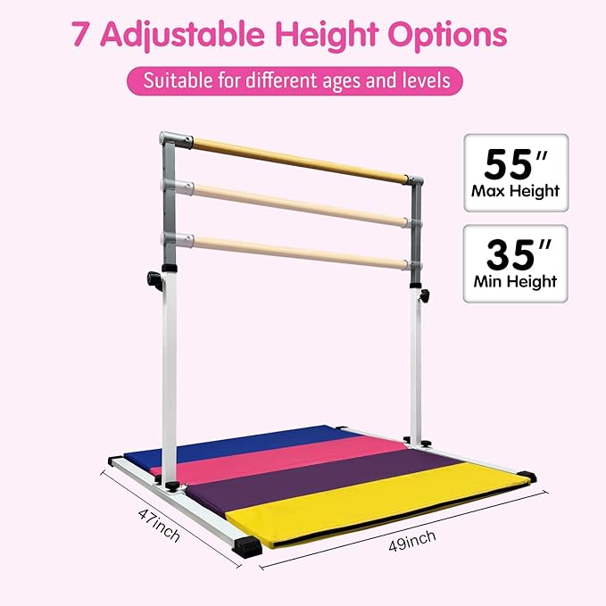 XDEMODA The Latest Model Gymnastics Bar for Kids Ages 3-15 for Home, Anti-Slip, Easy to Assemble, 35” to 55” Adjustable Height Gymnastic Horizontal Bars Equipment