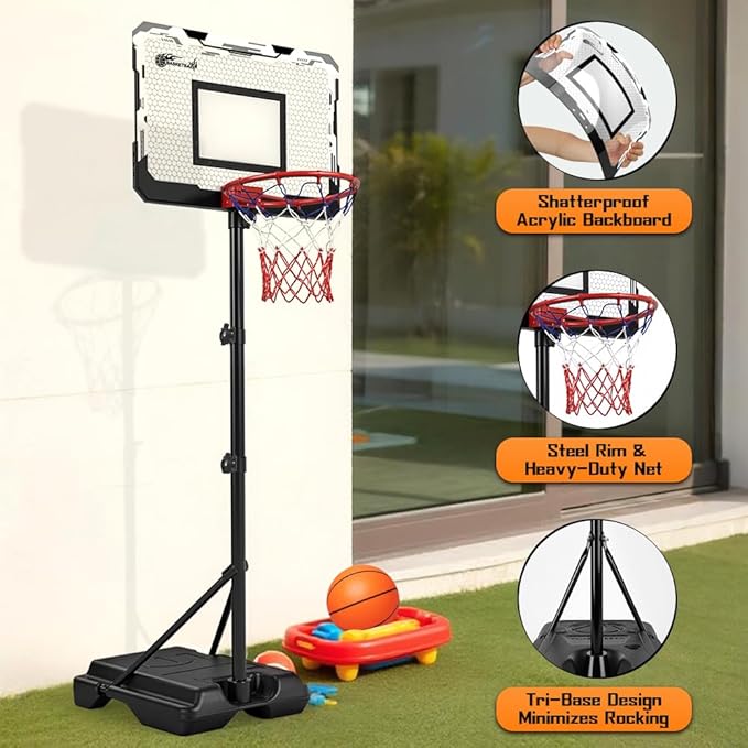 Kids Portable Basketball Hoop, Adjustable Height 38-75in/3.2-6.2FT Tall Toddler Basketball Toy, Fillable Base, Indoor Outdoor Backyard Pool Sport Game Gift for Boy Girl Ages 3 4 5 6 7 8 Years Old