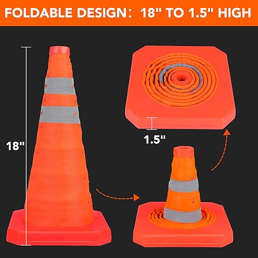 [6 Pack]18 Inch Collapsible Traffic Safety Cones - Parking Cones with Reflective Collars, Orange Safety Cones for Parking lot, Driveway, Driving Training etc