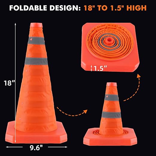 18 Inch 5 Pack Collapsible Traffic Safety Cones, Orange Cones with Reflective Collar, Portable Multipurpose Traffic Cones for Parking Construction Driving Training Sports Practice