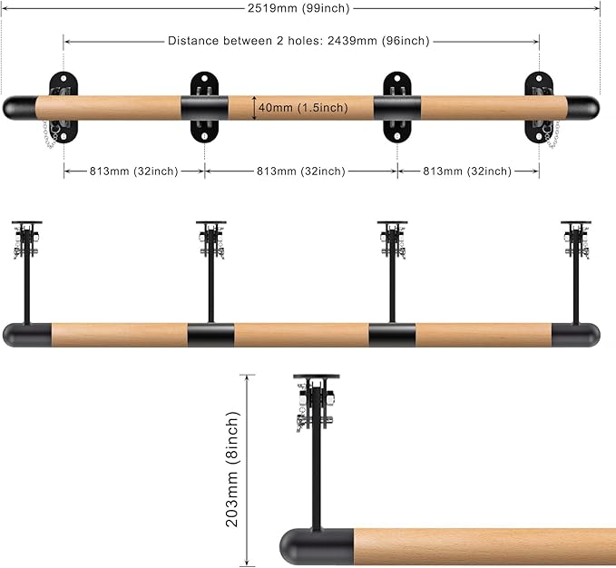 BeneLabel Wall Mount Ballet Barre Solid Wood Dance Bar with Height Adjustable Metal Brackets for Dance Training