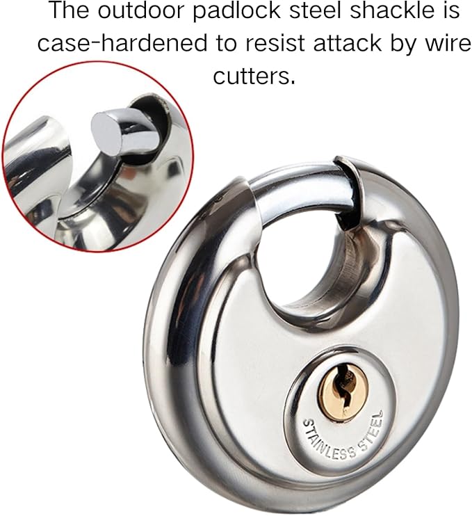 70MM Discus Padlock with Same 3 Brass Keys,304 Stainless Steel Disc Lock with Brass Gallows to Prevent Rusting,Thick Sturdy Hook to Prevent Picking.1 Pack-XZJYYF