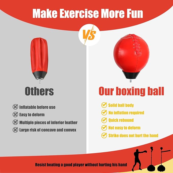 Solid Refle Bag Boxing Speed 45-80in Trainer Punching Bag Spinning Bar Training Boxing Ball with Reflex Bar Free Standing Adjustable Height for Adult Youth Red