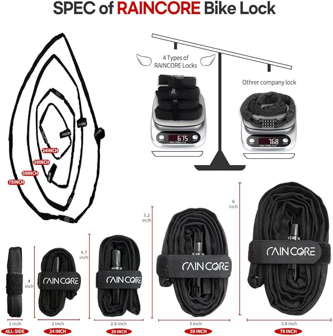 RAINCORE Light Weight Bike Cable Lock for Heavy Duti Anti Theft - 24inch (60cm) - 0.27lb (124g) - Bike Chain Lock with Chain Cutter Proof Fiber - Patented Korea - Security Cable (24 inches)
