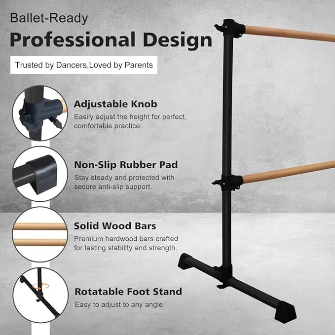 4FT/6FT Height Adjustable Double Ballet Barre, Freestanding Portable Stretching Dance Bar for Home, Heavy Duty Exercise Equipment for Kids & Adults with Anti-Slip Rubber Pads