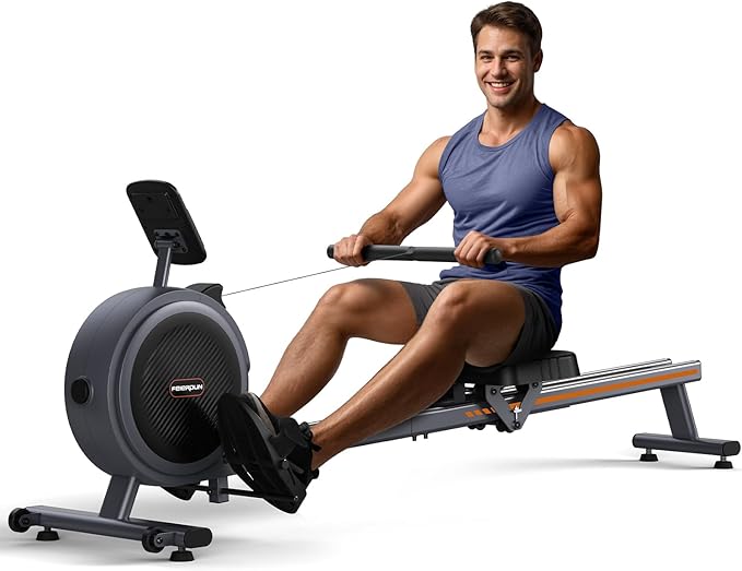 FEIERDUN Rower Machine, Compact Rowing Machines for Home with 350LBS Loading Capacity, Magetic Rower Machine for Home with APP, Row Machine with Dual Slide Rail