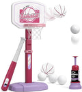 2 in 1 Kids Basketball Hoop and T Ball Set - Adjustable Height, Kids Baseball Tee with Automatic Pitching Machine, Indoor Outdoor Sport Toys Gifts for Toddler Boys Girls Age 1-5, Pink