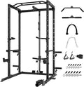 Power Cage, Multi-Functional Power Rack with J-Hooks, Dip Handles, Landmine Attachment and Optional Cable Pulley System for Home Gym