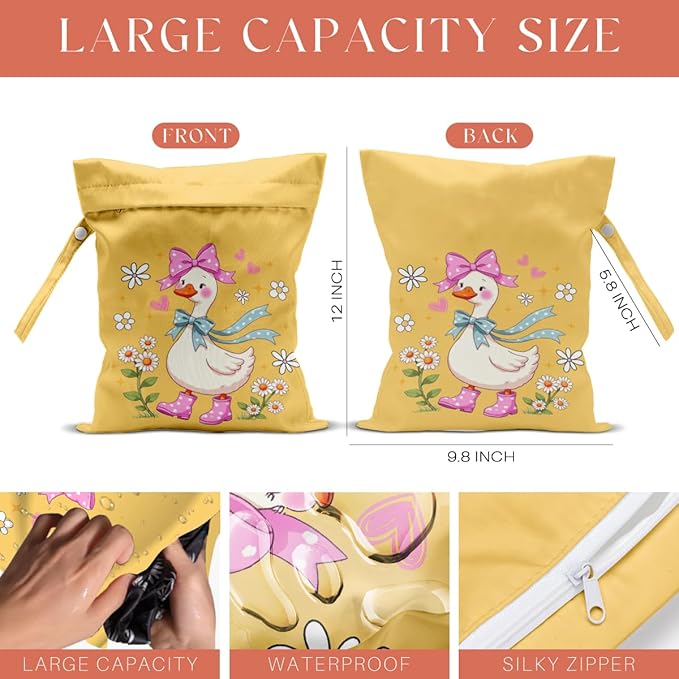 4 Pack Cute Wet Bag Waterproof Washable Reusable Wet Dry Bag for Swimsuit Clothes Cloth Diaper Travel Beach Pool Yoga Gym Toiletries Travel Beach Essentials, Bow Animal Goose Decor Lovers Gift