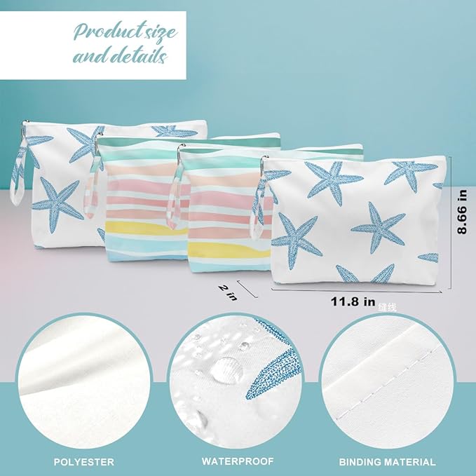 Fokongna 4PCS Wet Dry Bag Waves Rainbow Wet Bag Beach Bags for Swimsuit Toiletry Bags Travel Essentials For Women, Beach Travel Gym for Swimsuit Dirty Diaper Gifts