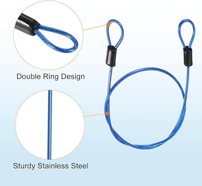 MECCANIXITY Security Steel Cable Lock, Safety Cable Flexible Wire Rope Luggage Lock 1.6feet 2.5mm Vinyl Coated Braided Steel with Double Loop for Bike Bicycle U-Lock Padlock Blue