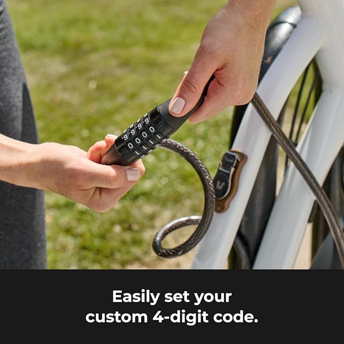 Master Lock Black Set Your Own Combination Bike Lock, Metal Cable Lock has a Weather Resistant Vinyl Coating for Outdoor Durability, 5 Feet Long, 8370D