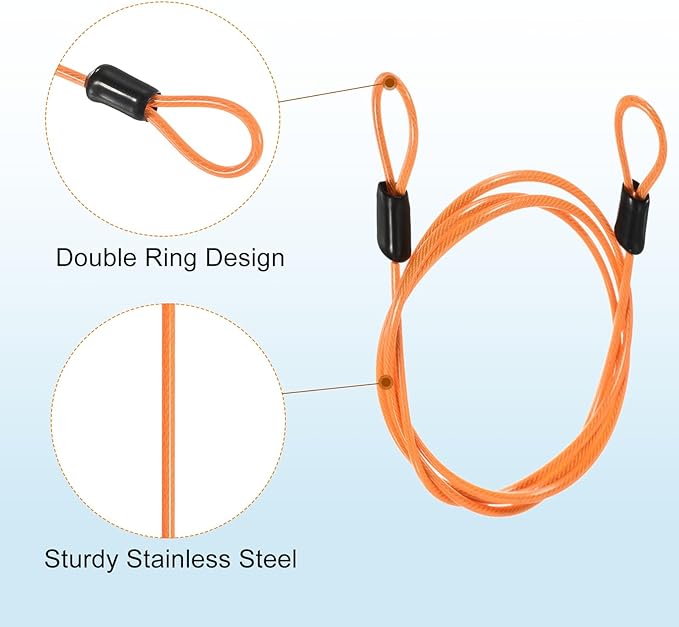 MECCANIXITY Security Steel Cable Lock, Safety Cable Flexible Wire Rope Luggage Lock 3.3feet 2.5mm Vinyl Coated Braided Steel with Double Loop for Bike Bicycle U-Lock Padlock Orange