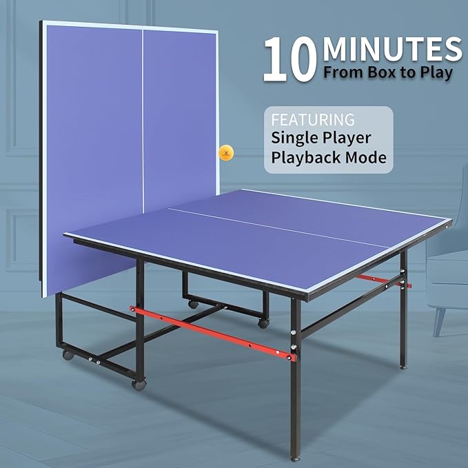 Professional Table Tennis Table, Foldable Ping Pong Game Set for Indoor, 8FT 9FT Single Player Playback Mode Ping Pong Table with Net and Post Set, 2 Paddles and 3 Balls