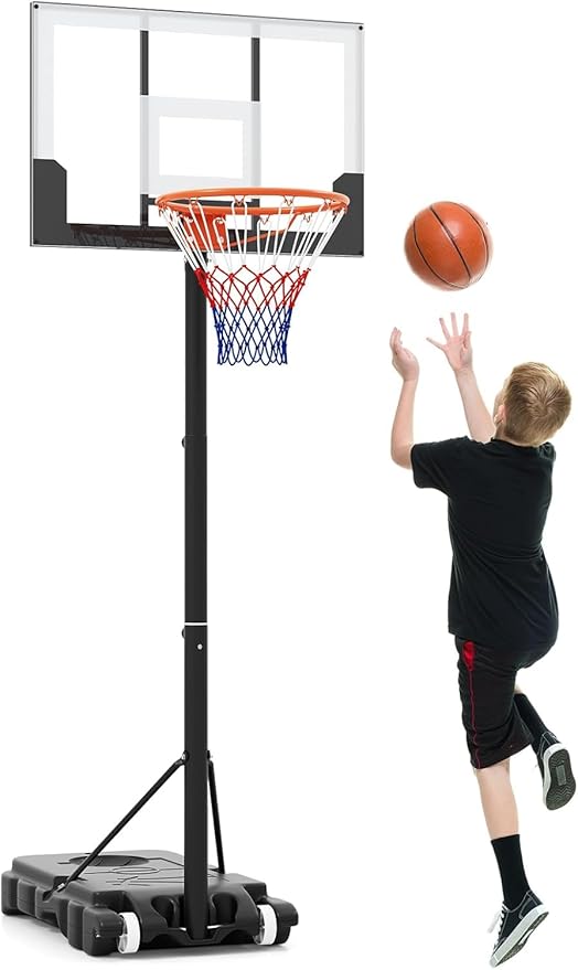 GYMAX Basketball Hoop Outdoor, 3.3-7/10 FT Adjustable Portable Basketball Goal with Wheels, PC Backboard, Fillable Base for Kids, Youth & Adults in Backyard, Driveway, Pool