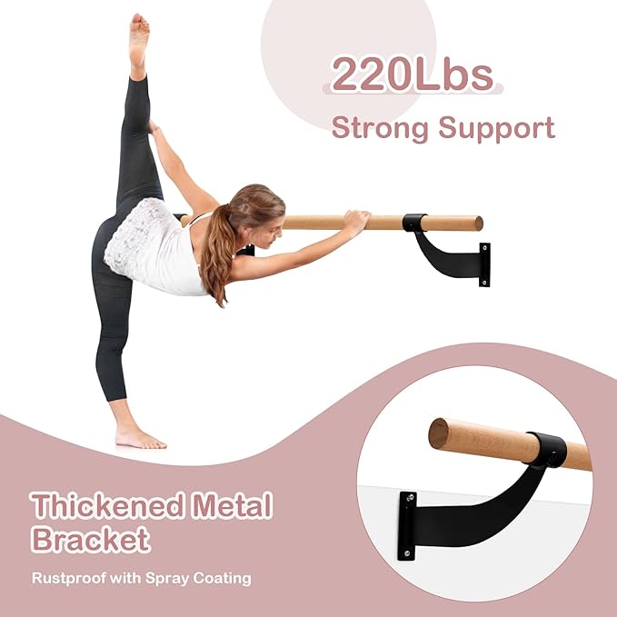 Goplus Wall Mounted Ballet Barre, 4 FT Solid Beech Wood Ballet Bar with Mounting Hardware, Traditional Single Dance Bar for Home Workout, Yoga, Stretching, Ballet Poses, 1.5 inch Dia