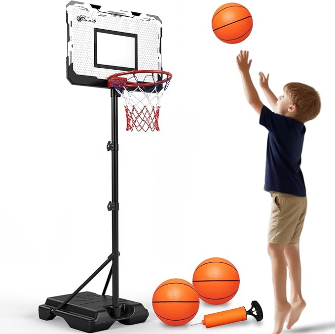 Kids Portable Basketball Hoop, Adjustable Height 38-75in/3.2-6.2FT Tall Toddler Basketball Toy, Fillable Base, Indoor Outdoor Backyard Pool Sport Game Gift for Boy Girl Ages 3 4 5 6 7 8 Years Old
