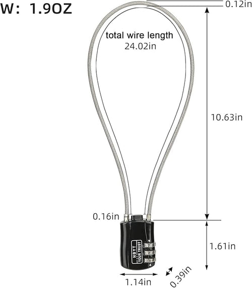 3-Digit Steel Cable Combination Padlock, Wire Diameter 3/24", 24" Circumference,for Travel Luggage, Backpack, Cycling Helmet, Small Cabinet, Gym Cabinet, Suitcase