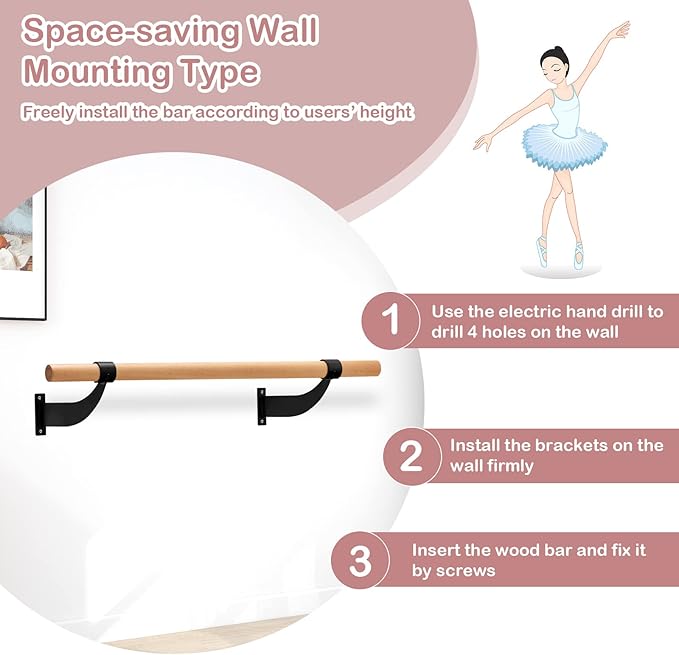 Goplus Wall Mounted Ballet Barre, 4 FT Solid Beech Wood Ballet Bar with Mounting Hardware, Traditional Single Dance Bar for Home Workout, Yoga, Stretching, Ballet Poses, 1.5 inch Dia