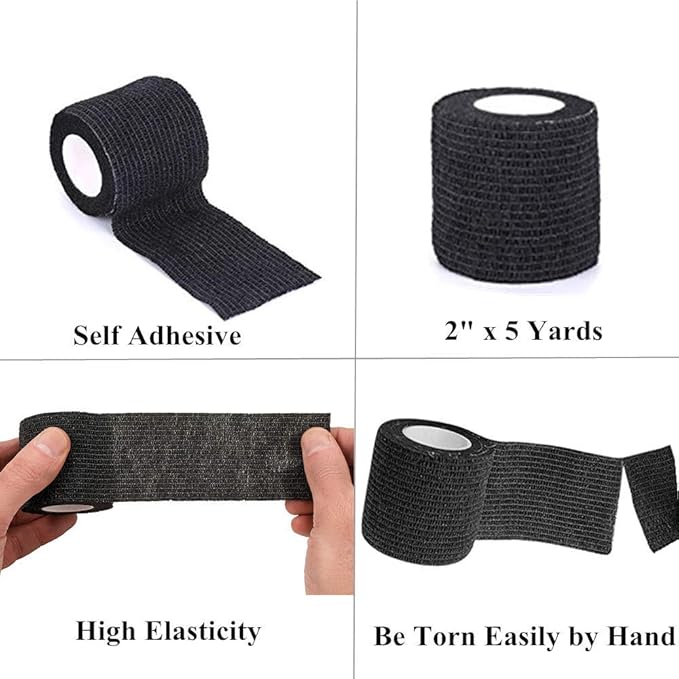 OZER 12 Pack 2 Inch x 5 Yards Self Adhesive Bandage Breathable Cohesive Bandage Wrap Rolls Elastic Self-Adherent Tape for Stretch Athletic, Sports, Wrist, Ankle (Black, 2 Inch)