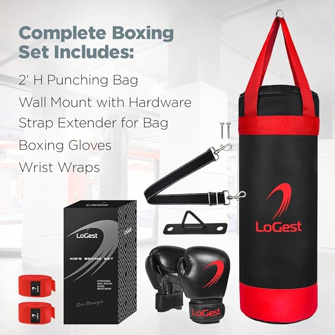 LoGest Punching Bag for Kids Boxing Set - Suitable for Kids Punching Bags 3-8 Years of Age - Boxing Gloves & Hand Wraps Included - Youth Children Boxing MMA Kickboxing Muay Thai Karate Punching Bag