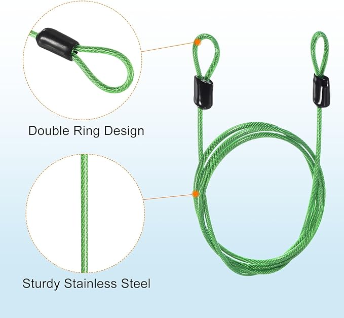 MECCANIXITY Security Steel Cable Lock, Safety Cable Flexible Wire Rope Luggage Lock 3.3feet 2.5mm Vinyl Coated Braided Steel with Double Loop for Bike Bicycle U-Lock Padlock Green