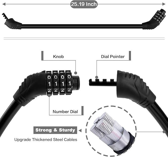 Bike Lock Cable, Bicycle Lock, Bike Locks Heavy Duty Anti Theft, Combination Cable Lock for Outdoor Equipment, Black (2Ps, 2Ft, Reset Combo)