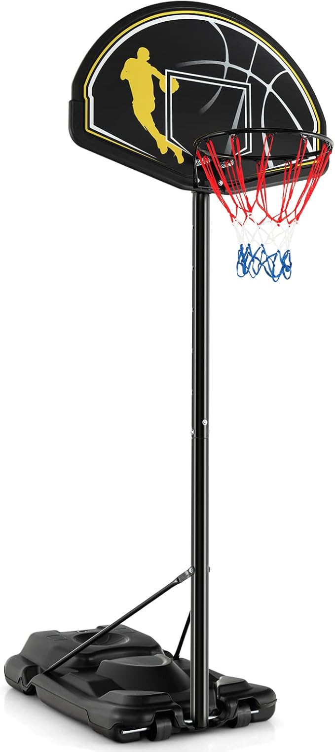 Goplus Portable Basketball Hoop Outdoor Indoor, 4.25-10FT 12-Level Adjustable Basketball Goal w/ 44’’ Shatterproof Backboard, Fillable Base, Basketball Stand System for Youth Adults