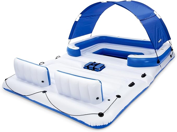 Bestway CoolerZ Tropical Breeze 6 Person Inflatable Party Island Large Relaxing Water Float with Detachable Sunshade and Cooler Bag