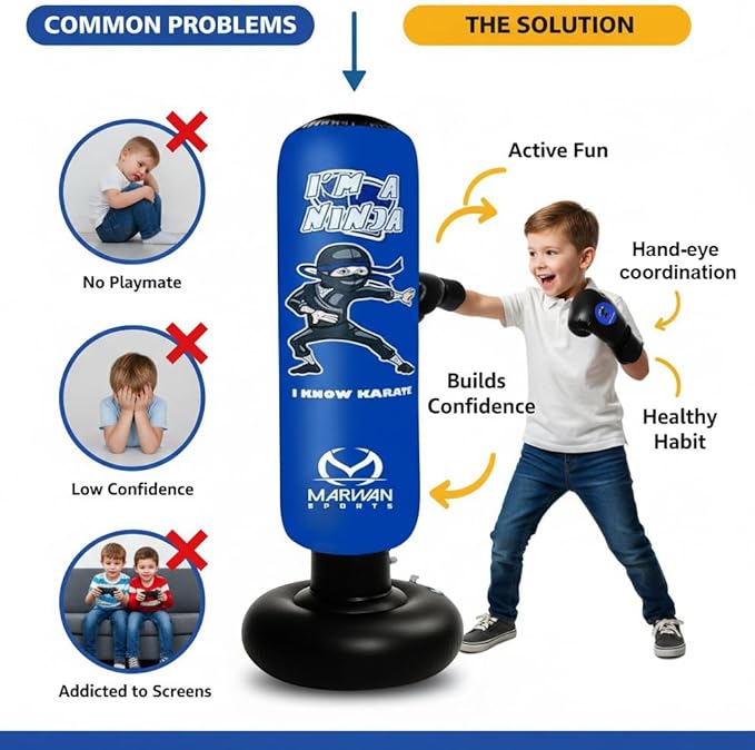 Marwan Sports 5-in-1 Inflatable Punching Bag for Kids – 63" Karate Toy Set with Boxing Gloves, Durable Fast Rebound, Active Play, Stress Relief Christmas/Birthday Gift for Boys & Girls Ages 4-12