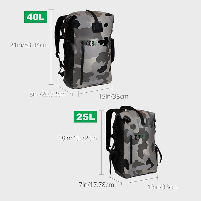 COR Surf Waterproof Backpack with Laptop Sleeve | Heavy Duty Hiking, Kayak Dry Bag Backpack | Roll-Top Closure (40L Camo)