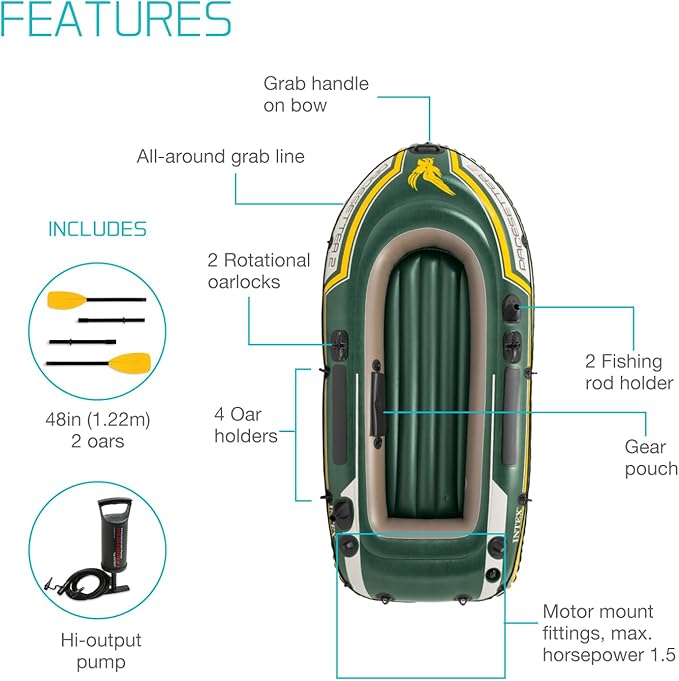 INTEX Seahawk Inflatable Boat Series: Includes Deluxe Aluminum Oars and High-Output Pump – SuperStrong PVC – Fishing Rod Holders – Heavy Duty Grab Handles – Gear Pouch