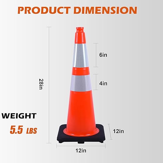 8 Pack 28" inch Orange PVC Traffic Cones with Reflective Collars and Weighted Black Base, Durable Safety Cones for Roadwork, Parking and Crowd Control