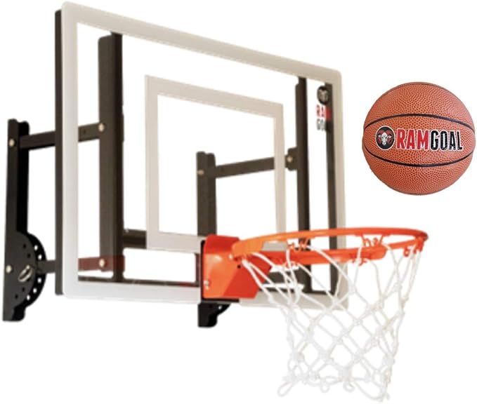RAMGOAL Wall Mounted Indoor Adjustable Mini Basketball Hoop with Ball | 24" Shatter Resistant Backboard with Professional Grade Breakaway Rim and Steel Reinforced Wall Mount Built for Slam Dunks