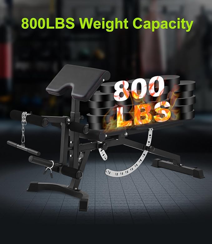 Adjustable Weight Bench for Home Gym, Decline Flat Incline Bench with Leg Extension & Preacher Curl Attachment for Bench Press, Sit Up, Leg Curl & Ab Workout
