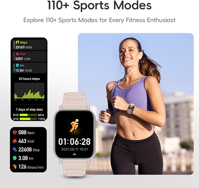 Smart Watch Sports Pedometer Fitness Tracker, Bluetooth Call Heart Rate Blood Oxygen Sleep Monitor, 100 Sports Modes Waterproof for iOS Android Men's Women's Smart Watch (Pink)