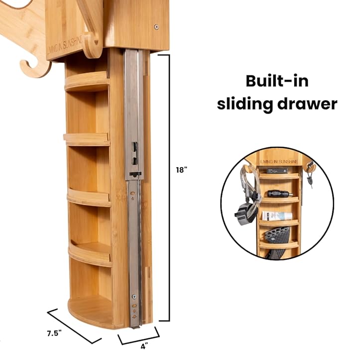LISS The Sun Rack - Premium Wood Surfboard Wall Mount Rack Display, Ski, Snowboard Holder for 3 Boards for Garage & Home Storage with Built-In Drawer & Hooks for Longboards Shortboards, Wakeboards