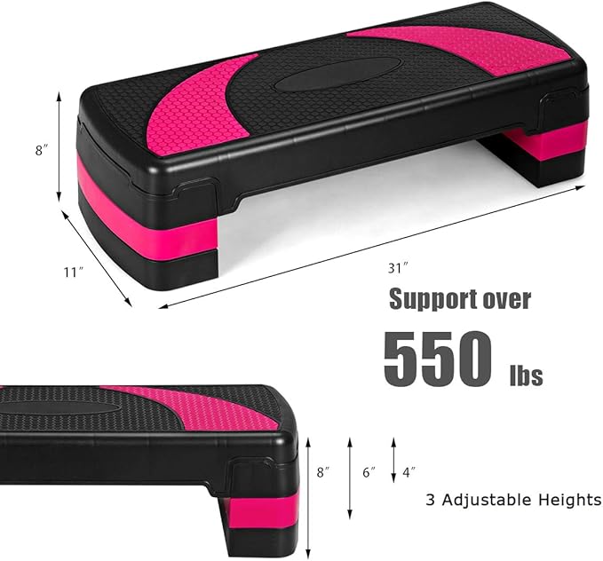 GYMAX Adjustable Aerobic Stepper, 3-Level Height Workout Platforms with Non-slip Pads, Shock-absorb & Anti-slip Surface, 31” Exercise Step Platform with Detachable Risers