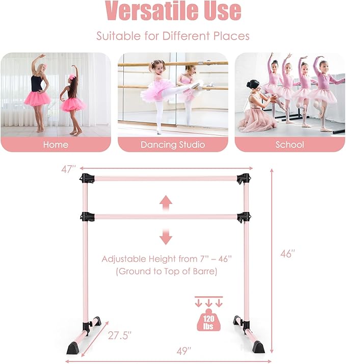 GOFLAME 4FT Ballet Barre Portable, Freestanding Double Ballet Barre Height Adjustable with Anti Slip Base, Heavy Duty Stretch Dance Bar for Home Workout