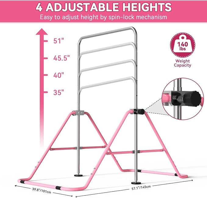 FBSPORT Gymnastics Bar for Kids, Adjustable Height Gymnastic Horizontal Bars,Junior Training Bar Children Folding Training Monkey Bars for Home Using