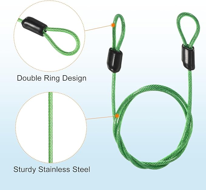 MECCANIXITY Security Steel Cable Lock, Safety Cable Flexible Wire Rope Luggage Lock 1.6feet 2.5mm Vinyl Coated Braided Steel with Double Loop for Bike Bicycle U-Lock Padlock Green