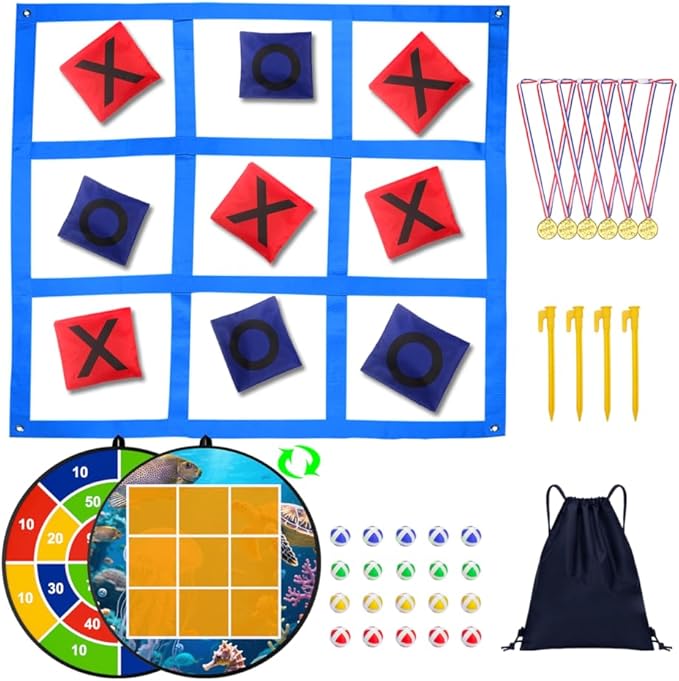 Giant Tic Tac Toe Outdoor Games, Bean Bag Toss Games, 26" Dart Board Game Double-Sided with Sticky Balls for Boys and Girls Ages 4-12 Kids Adults Family Lawn Yard Large Carnival Games, Blue