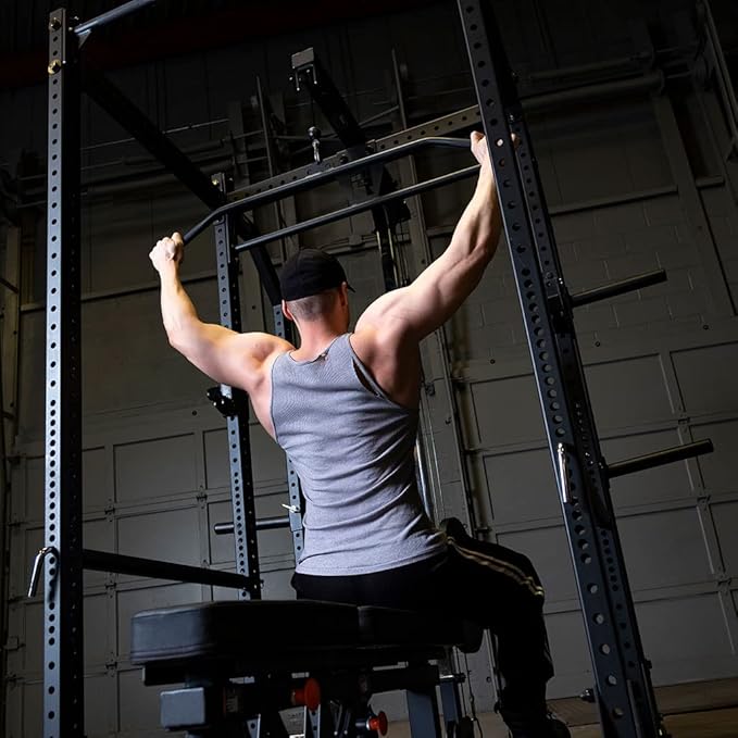 Rugged Strength & Fitness MAX Extended Power Rack Package with LAT, Bench, 500 lb. OLY Set, Floor Mats